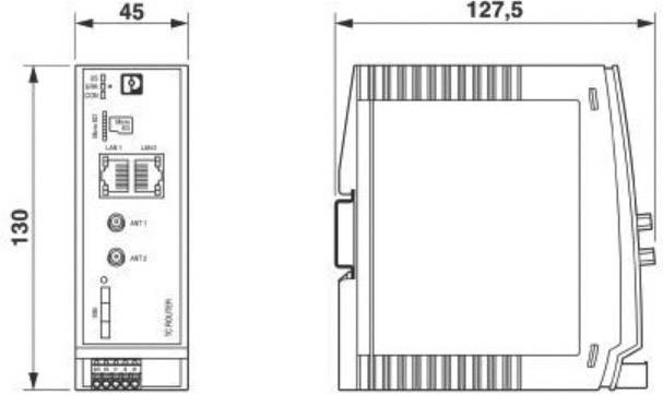 Abmessungen eines Geräts: Breite 45 mm, Höhe 130 mm, Tiefe 127,5 mm. Vorderseite zeigt Anschlüsse, Rückseite ist glatt.
