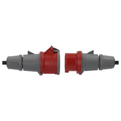 Zwei industrielle Elektrostecker, die sich gegenseitig gegenüberstehen, einer rot und grau und einer grau, nebeneinander auf weißem Hintergrund dargestellt.