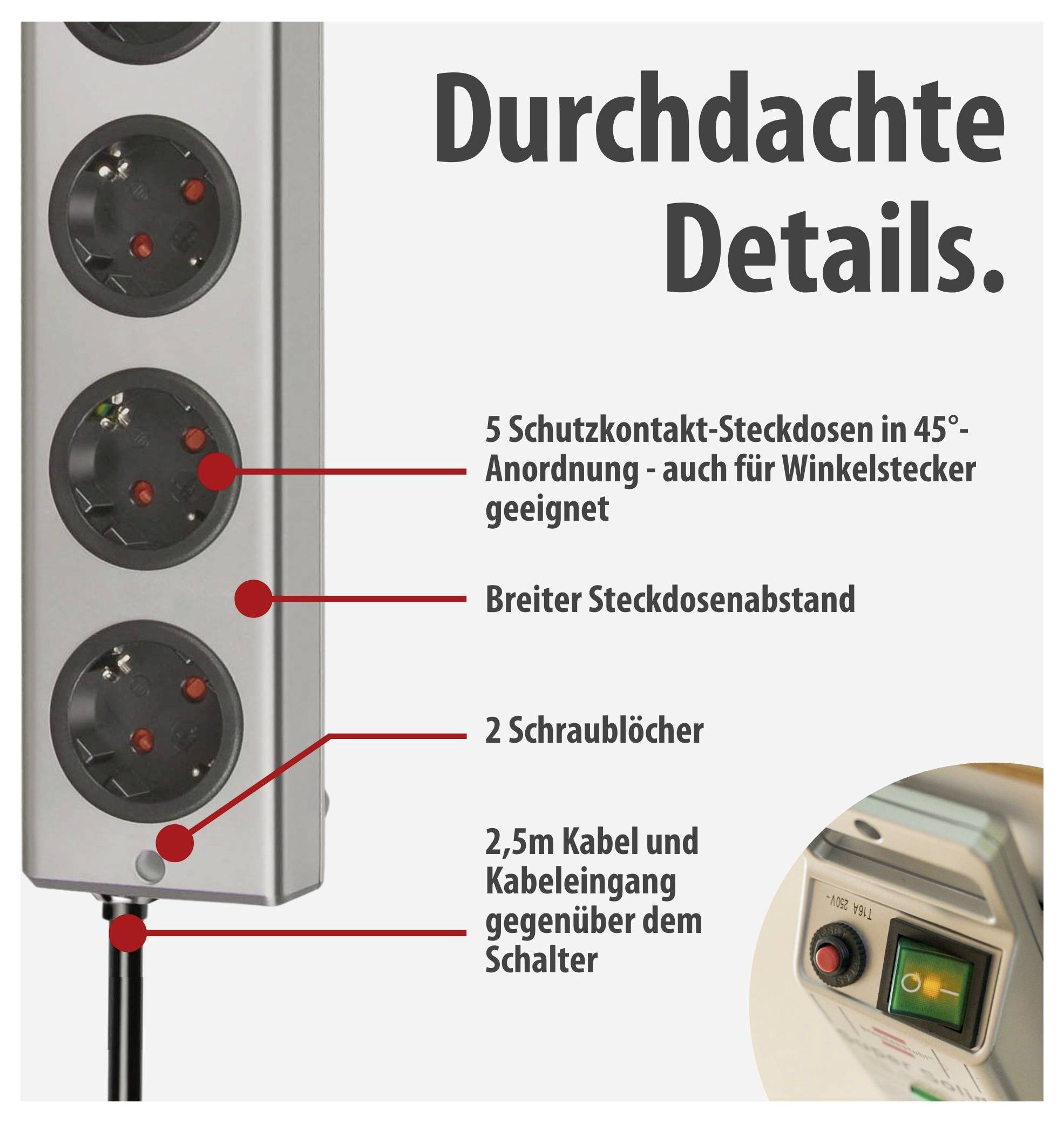 Steckdosenleiste mit fünf schräg angeordneten Schutzkontakt-Steckdosen; hervorgehoben sind breiter Abstand, zwei Schraublöcher, 2,5-m-Kabel und Schalter.