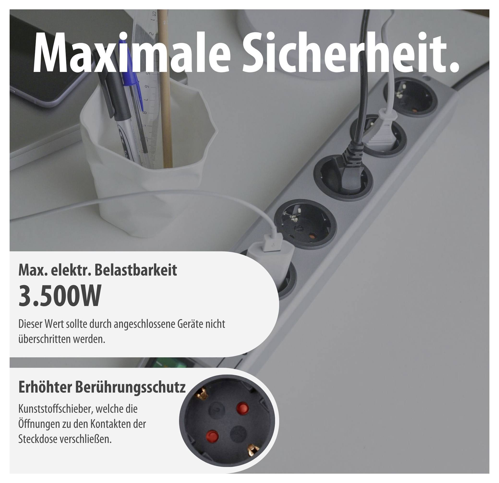 Werbebild einer Steckdosenleiste mit Text 'Maximale Sicherheit', maximaler elektrischer Belastbarkeit 3.500 W und erhöhtem Berührungsschutz durch Kunststoffschieber.<br>