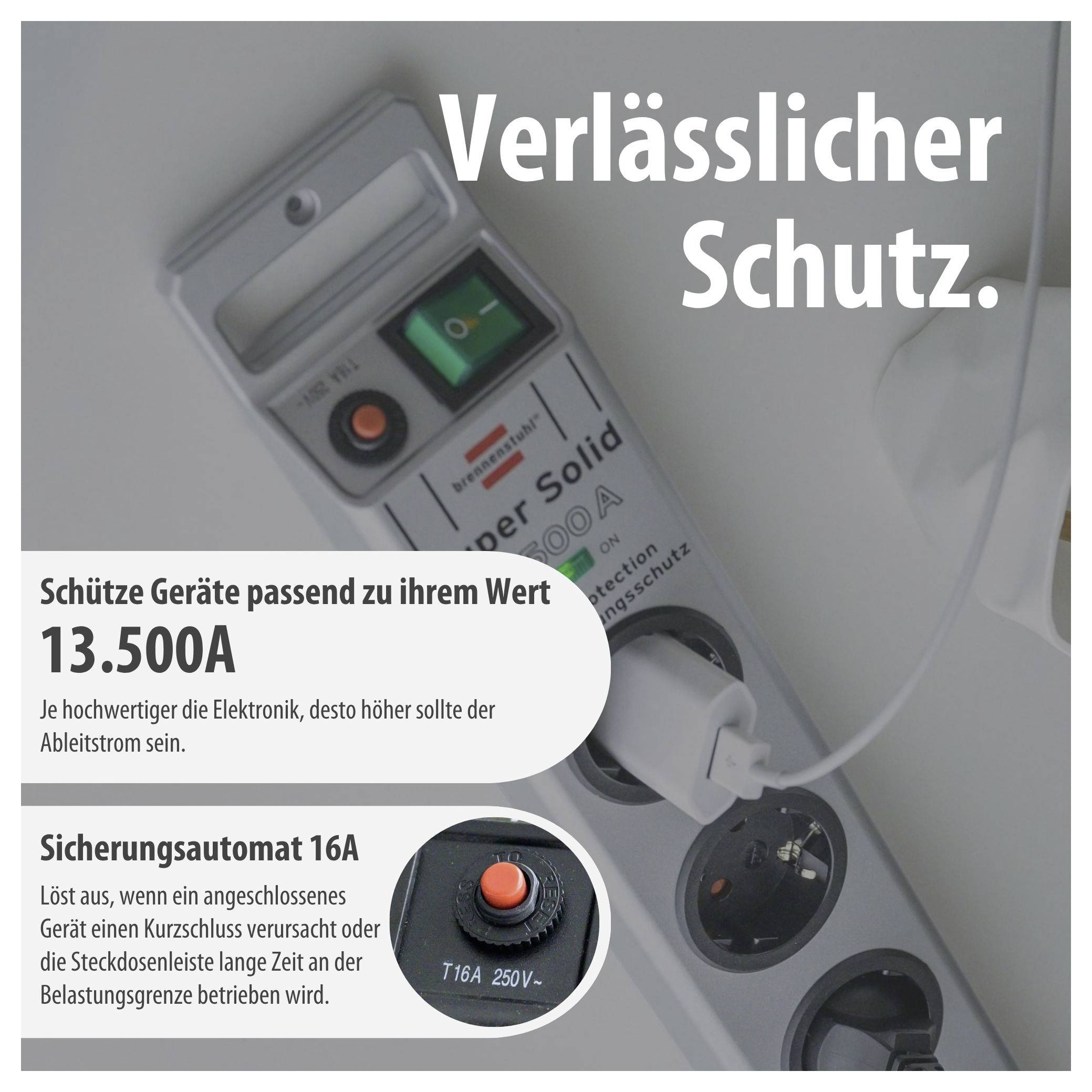 Werbung für einen Überspannungsschutz: Gerät mit Schalter und Steckdosenleiste, Text 'Verlässlicher Schutz.' sowie Hinweise auf 13.500A und Sicherungsautomat 16A.