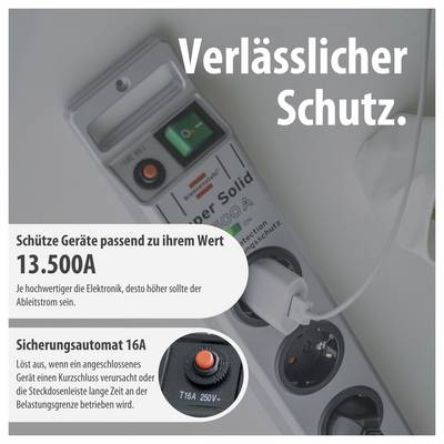 Werbung für einen Überspannungsschutz: Gerät mit Schalter und Steckdosenleiste, Text 'Verlässlicher Schutz.' sowie Hinweise auf 13.500A und Sicherungsautomat 16A.