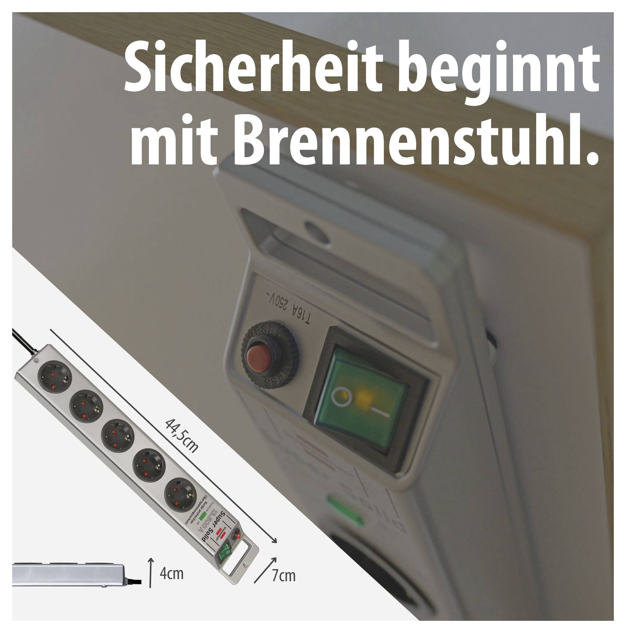 Werbeabbildung eines Brennenstuhl-Steckdosenblocks mit Schalter und Maßangaben; Text: 'Sicherheit beginnt mit Brennenstuhl.'<br>