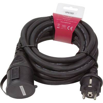 Ein schwarzes Verlängerungskabel mit rotem Aufkleber zeigt die Marke 'LPS102' an, geeignet für eine Netzspannung von 16 A, 250 V.
