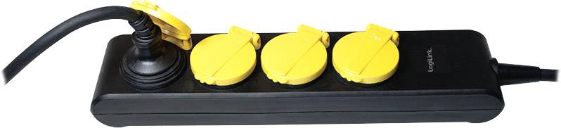 Schwarze Steckdosenleiste mit vier gelben Abdeckklappen. Ein Stecker ist eingesteckt. Ideal für den Schutz vor Staub und Spritzwasser.