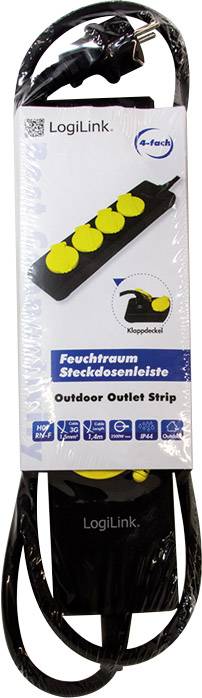 'LogiLink' Feuchtraum Steckdosenleiste mit 4 gelben Steckplätzen und schwarzem Kabel, geeignet für den Außenbereich.