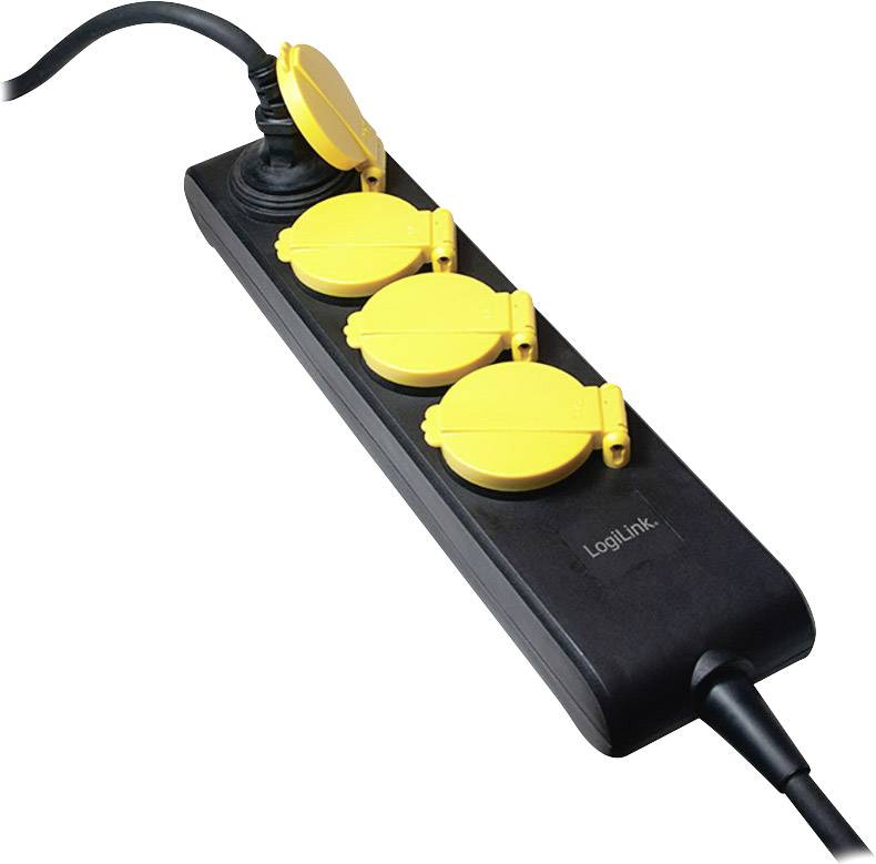 'Schwarze Steckdosenleiste mit vier gelben Schutzkappen. Ein Stecker ist eingesteckt. Kabel führt nach rechts aus dem Bild.'