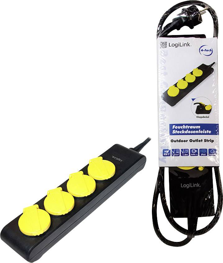 'LogiLink' Outdoor-Steckdosenleiste mit vier gelben Schutzabdeckungen und Kabel zum Spritzwasserschutz, geeignet für Feuchträume. Verpackung und Produkt abgebildet.