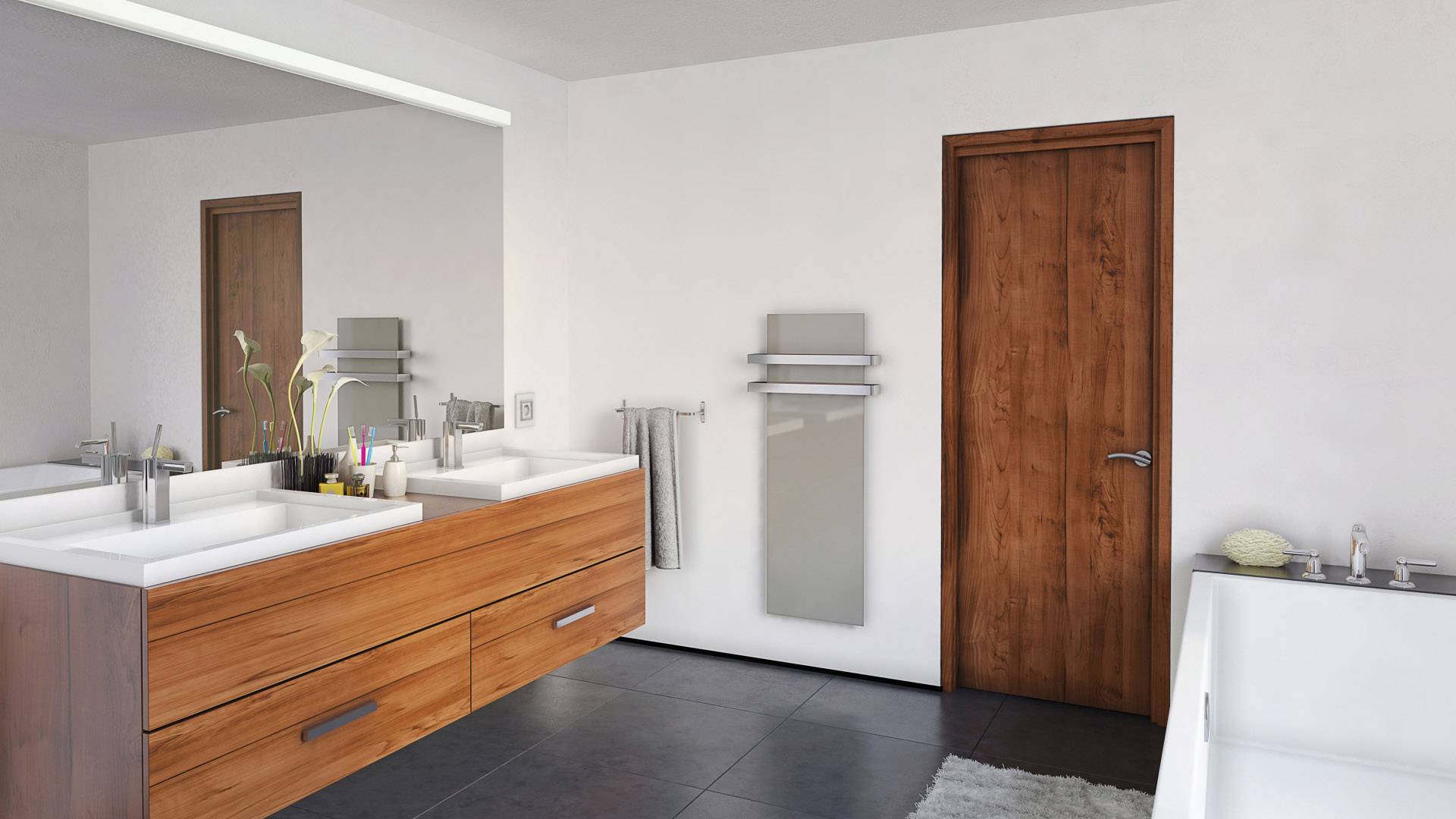 Modernes Badezimmer mit Holzwaschbecken, seitlichem Spiegel, Handtuchhalter an der Wand und Badewanne rechts. Dezente, elegante Einrichtung.