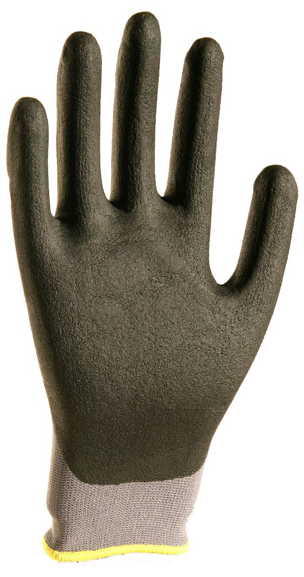 Ein einzelner schwarzer Arbeitshandschuh mit strukturierter Oberfläche und hellgrauem Bündchen, aufrecht gegen einen weißen Hintergrund präsentiert.