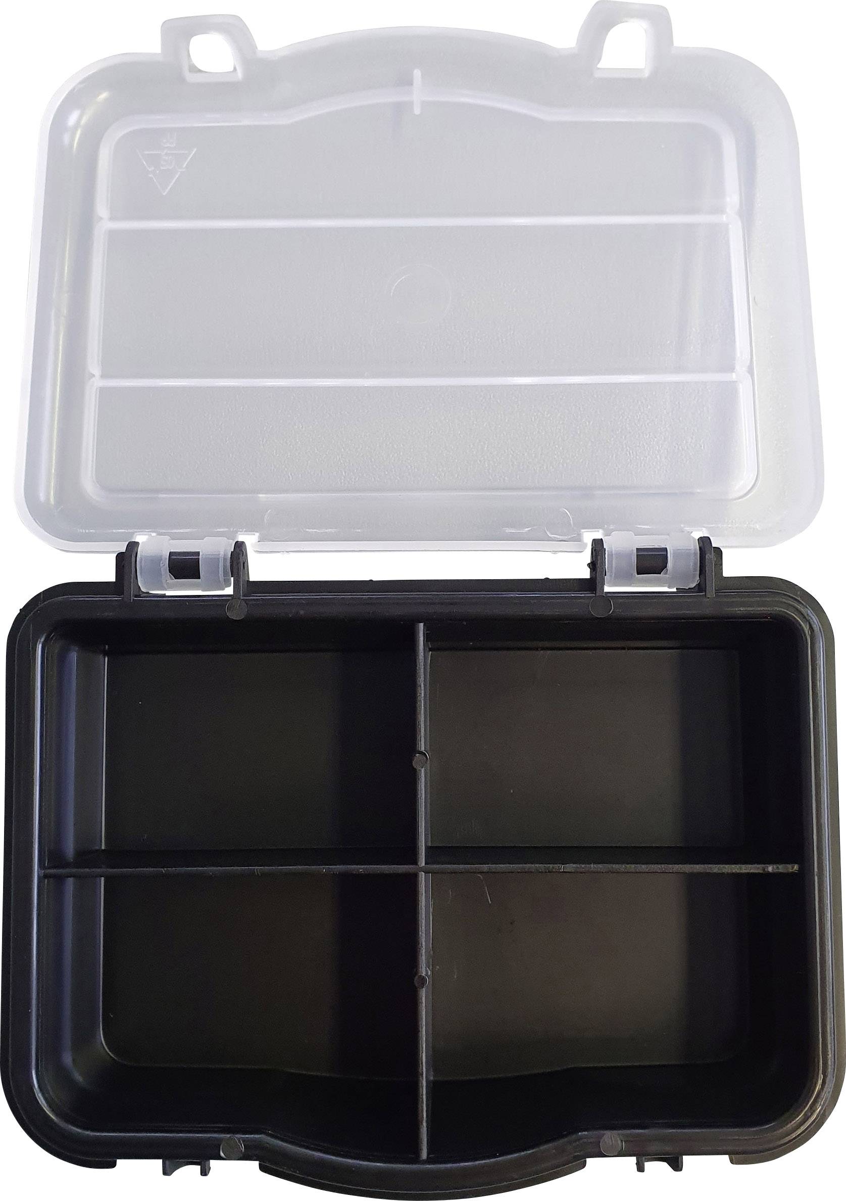 Schwarze Plastikbox mit transparentem Deckel, offen gezeigt. Die Box hat vier getrennte Fächer zur Aufbewahrung.