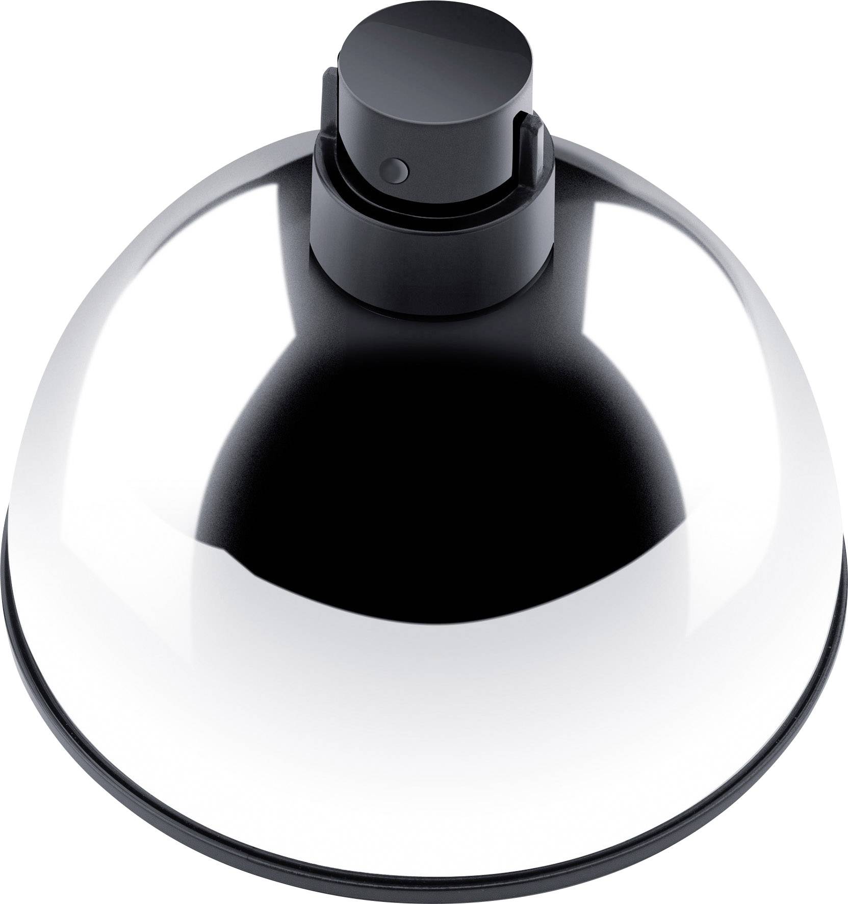 'Schwarze und silberne Metall-Lampe in halbkugelförmigem Design mit zentralem Drehschalter oben.'