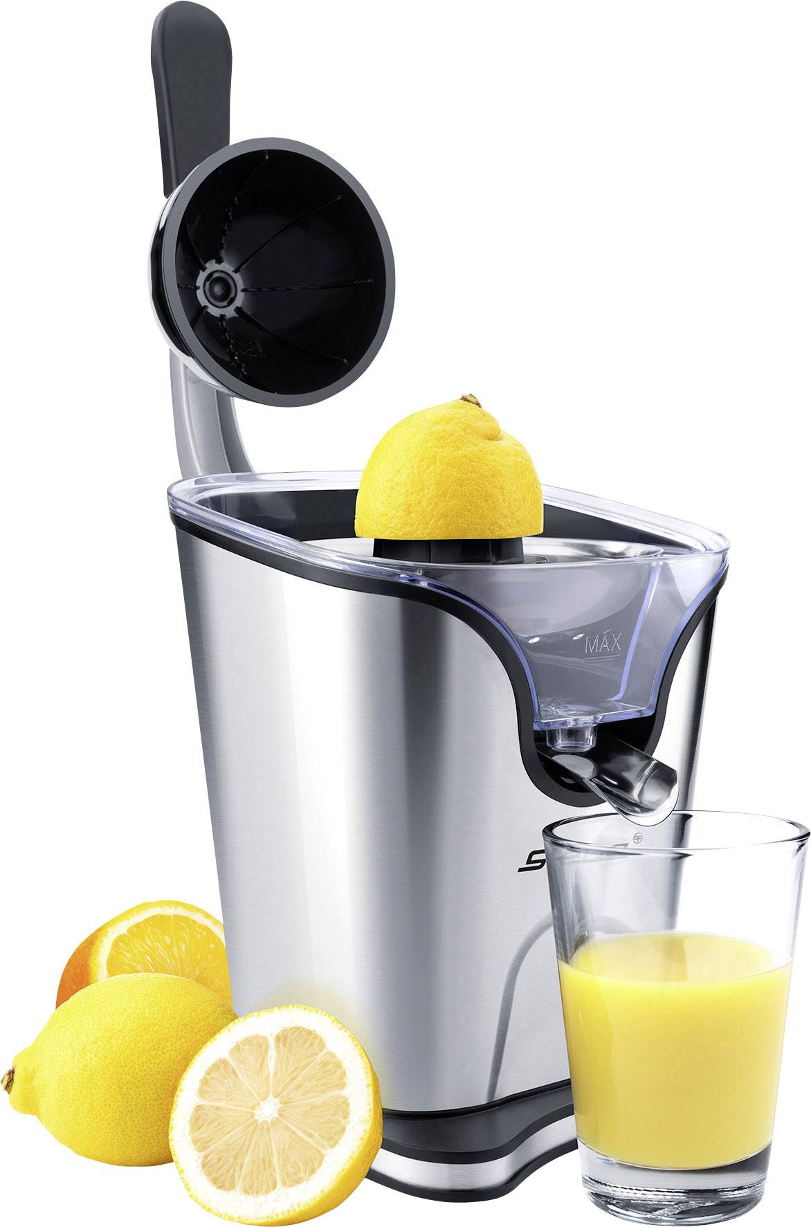 Entsafter mit Edelstahlgehäuse und Hebel. Eine halbierte Zitrone liegt auf dem Presskegel, Orangensaft in Glas daneben.