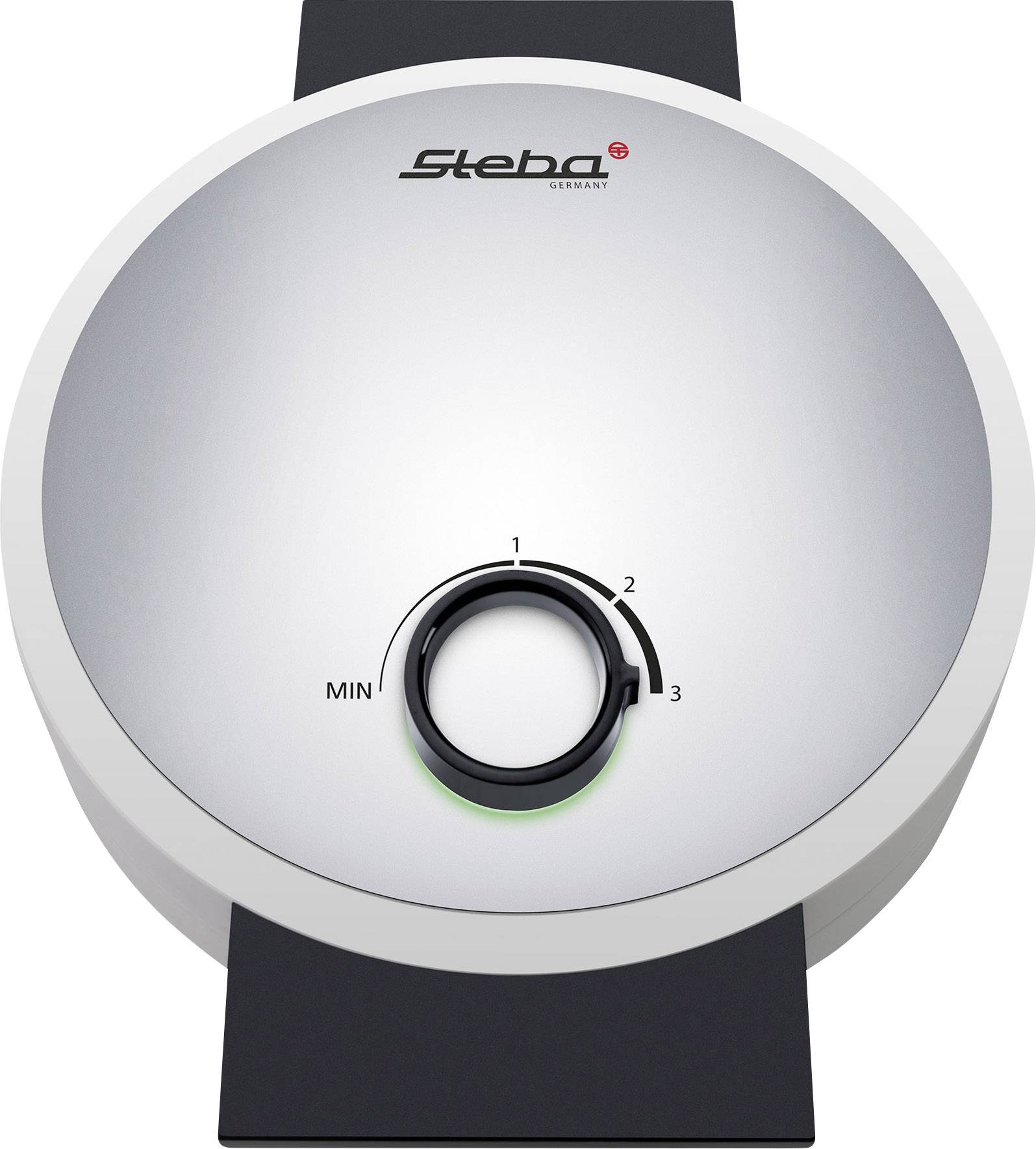 Küchengerät mit rundem Gehäuse und Drehknopf für Temperatureinstellung von 1 bis 3, geeignet für Waffeln.