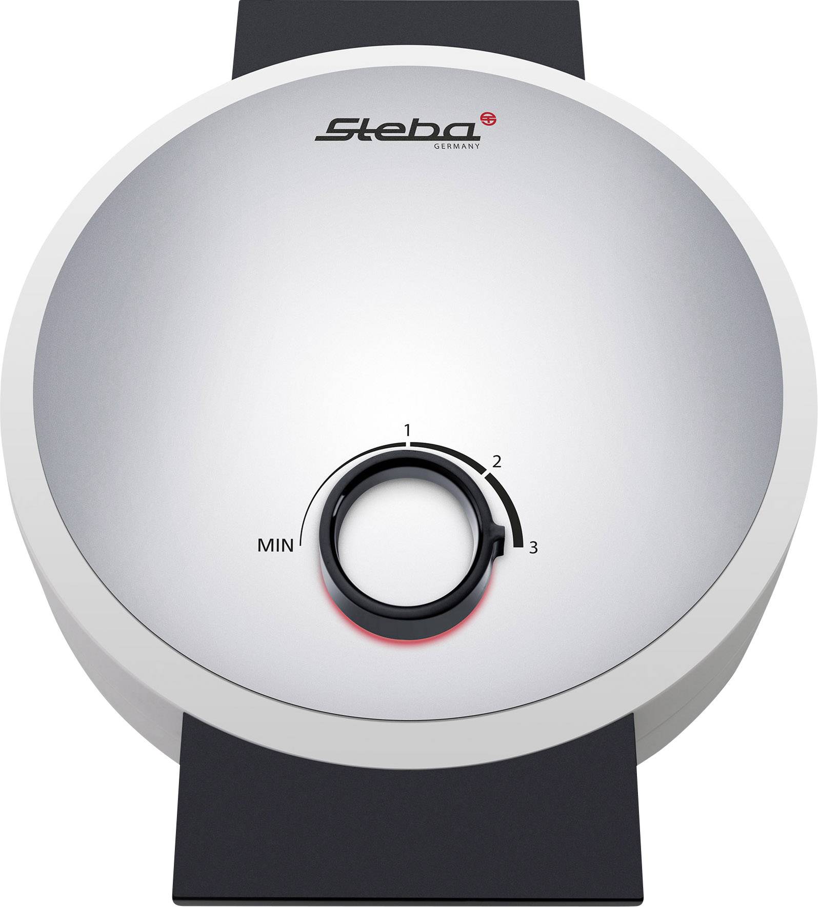 Ein silbernes Küchengerät mit Drehknopf für Temperatureinstellung von Min bis 3, mit rotem Akzent um den Knopf. Markenname oben.