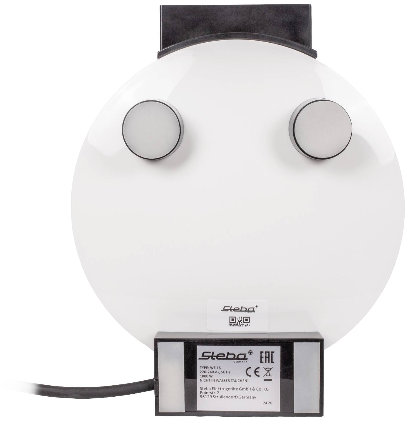 Ein ovales, weißes elektrisches Gerät mit zwei runden Metallscheiben an der Vorderseite, herzustellen von Steba.