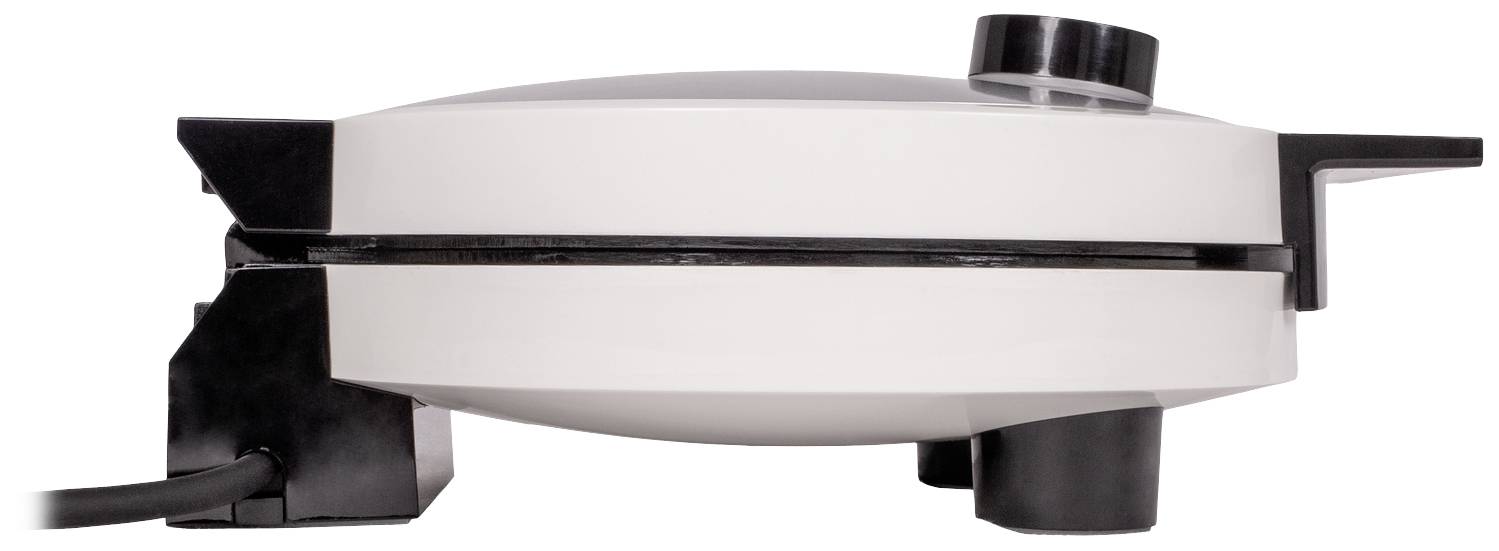 Seitenansicht eines geschlossenen weißen Waffeleisens mit rundem Gehäuse und schwarzem Kabel, geeignet für die Zubereitung von Waffeln.