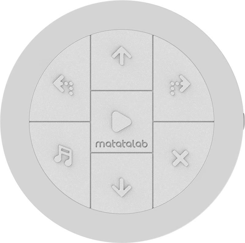 Fernbedienung in runder Form mit Tasten für Richtung, Musik und Steuerung. Mittig der Name 'matatalab'.