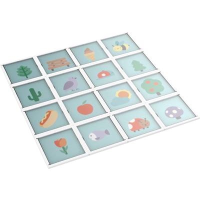 Ein Puzzle mit sechzehn Kacheln zeigt verschiedene Grafiken: Baum, Bank, Eis, Biene, Kaktus, Boot, Traktor, Fisch, Apfel, Pilz, Blume, Sonne, Telefon, Hotdog, Maikäfer und Wolke.