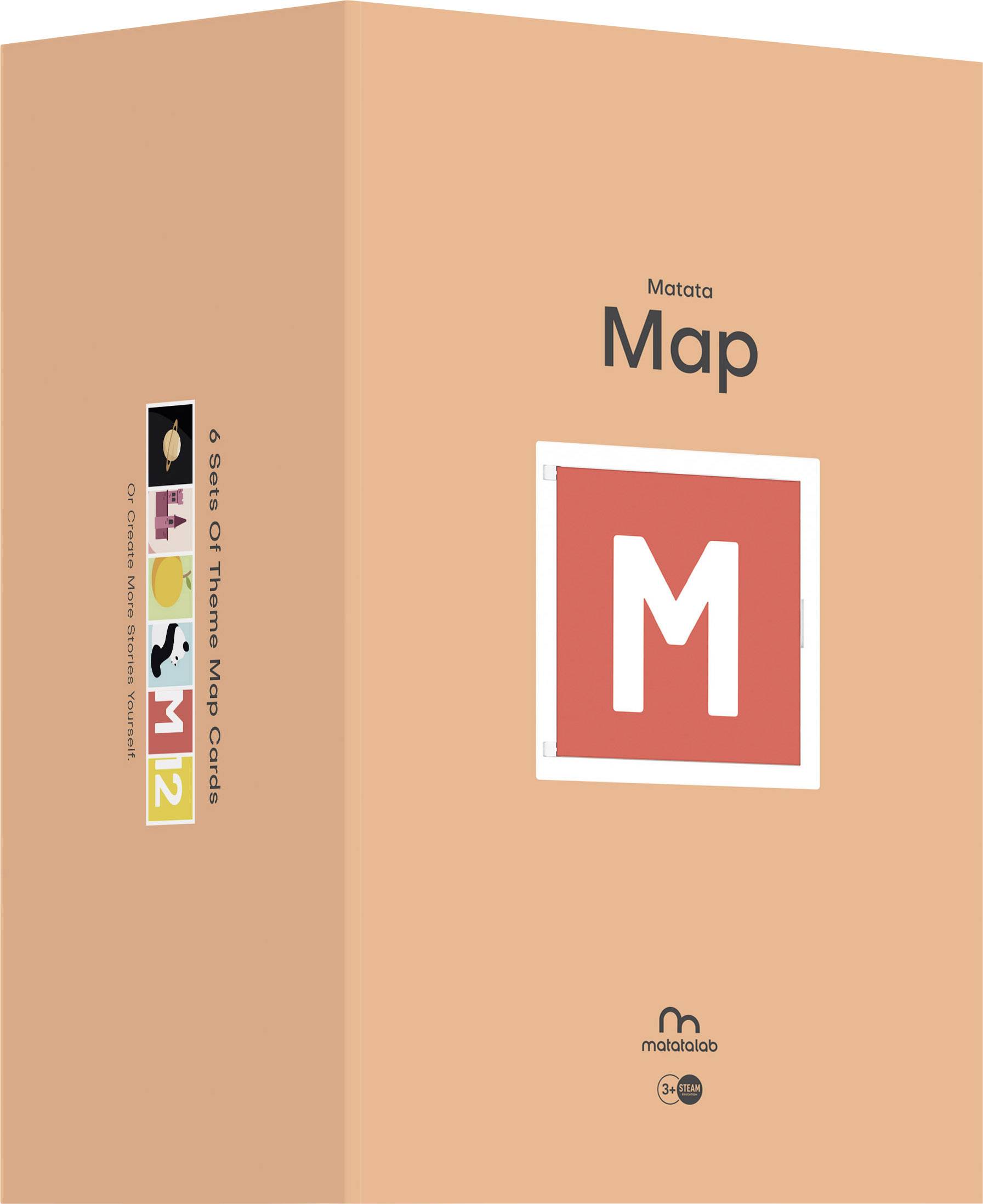 Eine orangefarbene Verpackung mit der Aufschrift 'Matata Map' zeigt ein rotes Quadrat mit einem weißen 'M'.