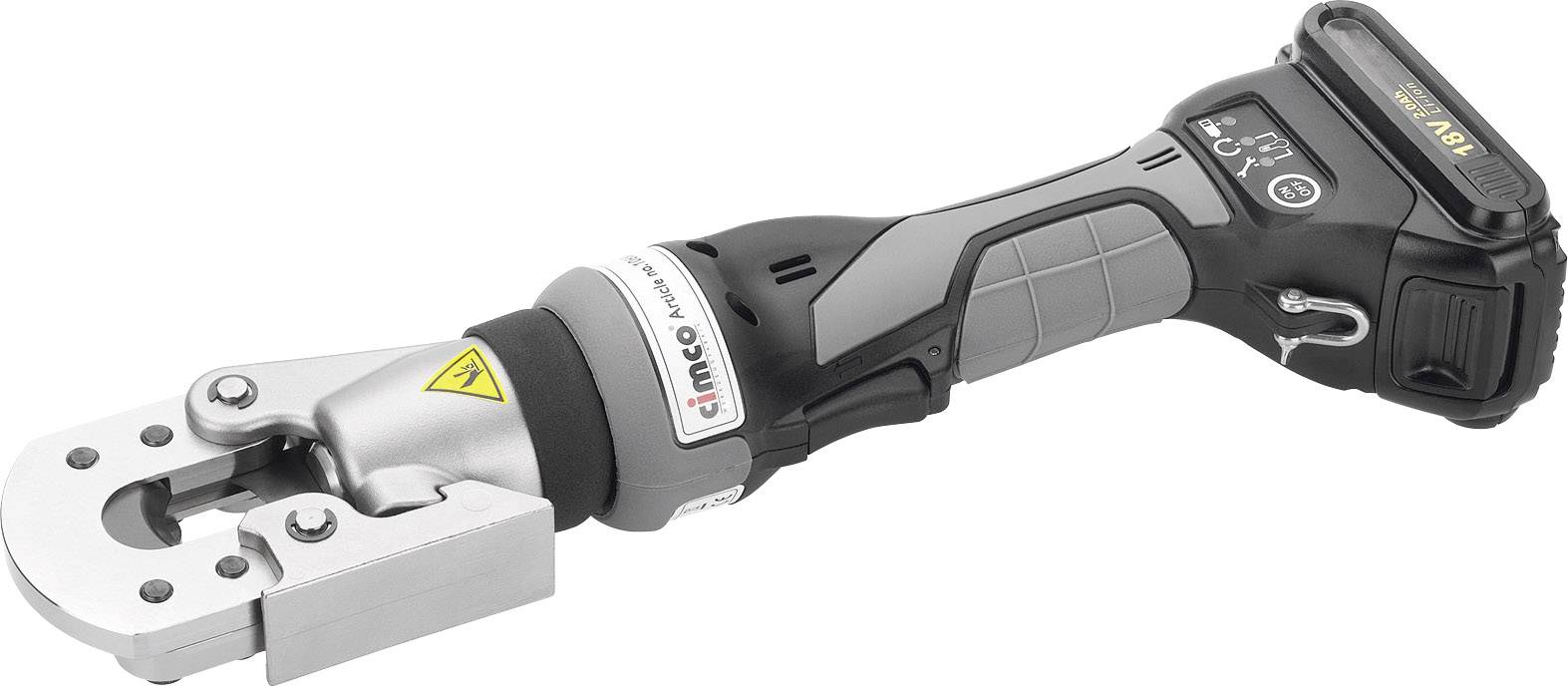 Akkubetriebene Hydraulikpresse mit ergonomischem Griff und digitalem Display, geeignet für kabelgebundene Pressarbeiten.