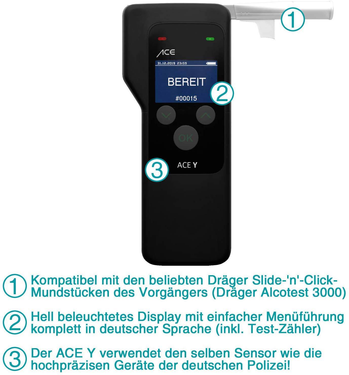 Atemalkoholtester mit beleuchtetem Display zeigt 'BEREIT'. Kompatibel mit Dräger-Mundstücken, verwendet Sensoren der deutschen Polizei.