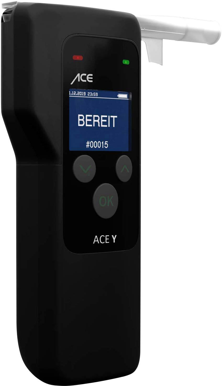 Alkoholtester mit Display zeigt 'BEREIT' und ID-Nummer an. Gerät hat runde Tasten und ein Mundstück oben.