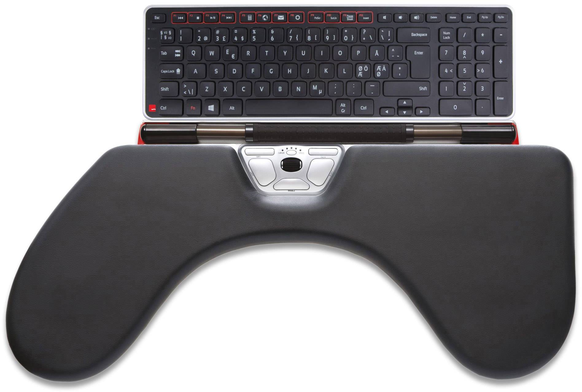 Tastatur mit ergonomischer Handablage und integrierter Maussteuerung, geeignet für komfortables Arbeiten und Reduzierung von Belastungen.