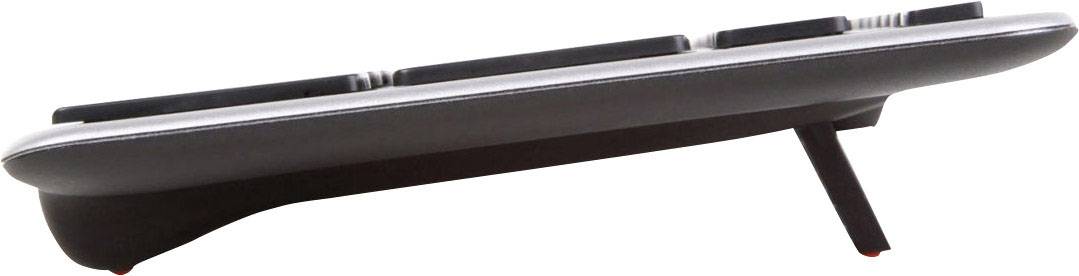 Ein elektronisches Klavierpedal mit drei Tasten, seitlich auf einem leicht geneigten Ständer montiert, vor weißem Hintergrund.