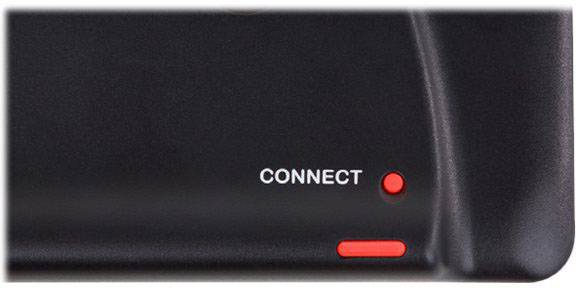 Schwarze Oberfläche mit dem weißen Schriftzug 'CONNECT' und zwei leuchtenden roten Lichtern daneben, eines rund, das andere länglich.