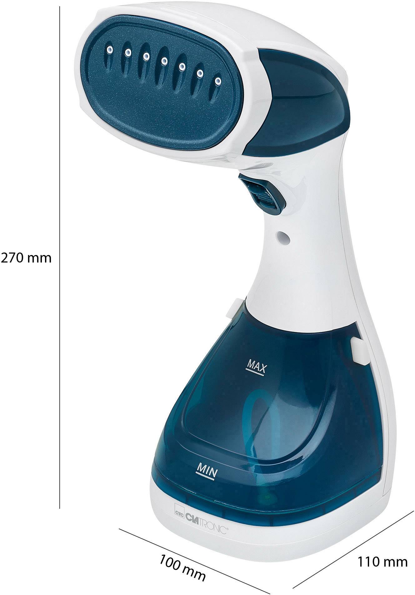 Dampfbürste in Weiß und Blau mit Wasserbehälter, zeigt maximale und minimale Füllstände. Maße: 270 mm hoch, 100 mm tief, 110 mm breit.