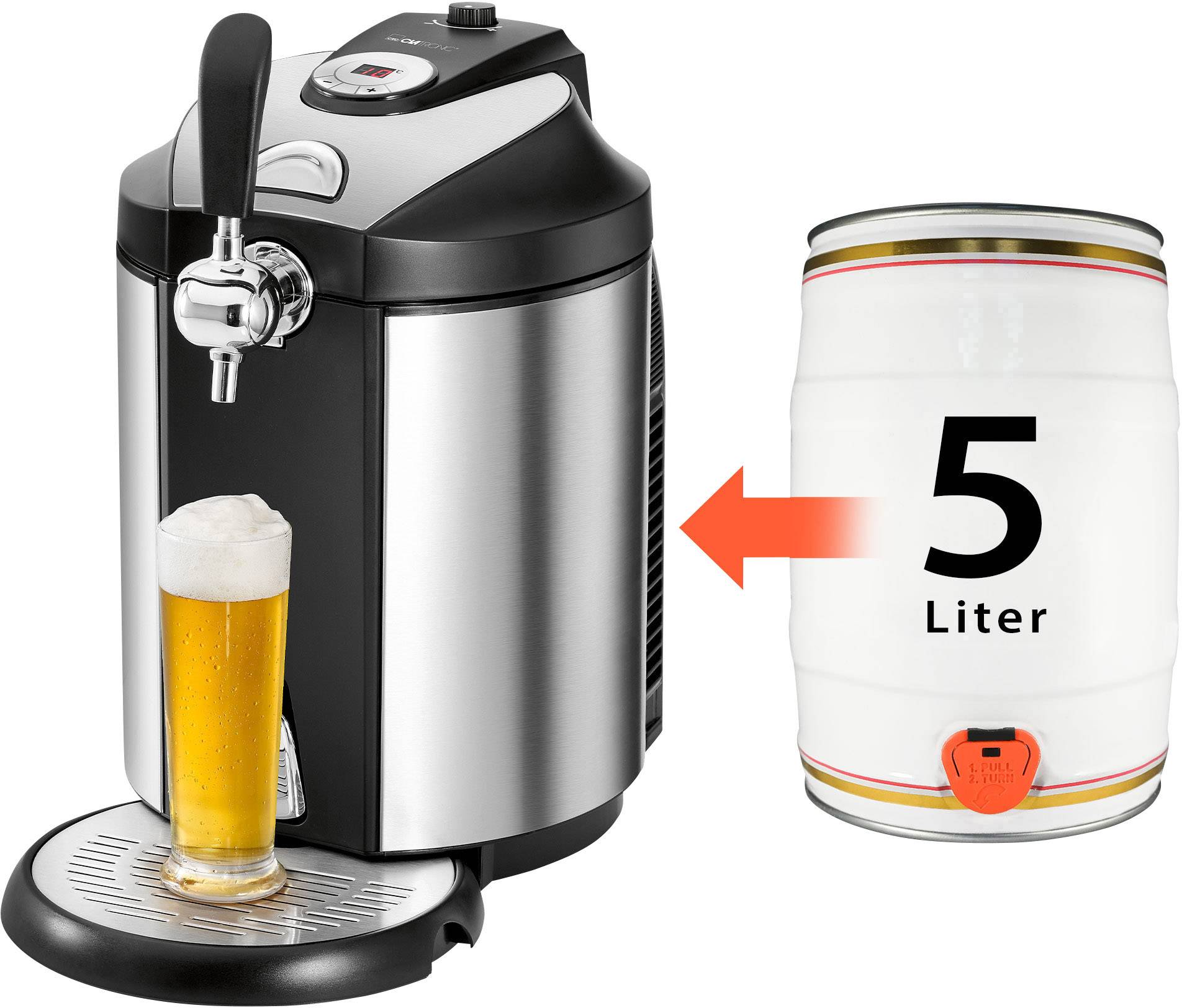 'Bierzapfanlage mit vollem Glas Bier und einem 5-Liter-Fass, betont die Kapazität.'