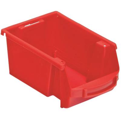 Rote Lagerbox aus Kunststoff mit offener Vorderseite und Griff, geeignet zur Aufbewahrung von Kleinteilen.