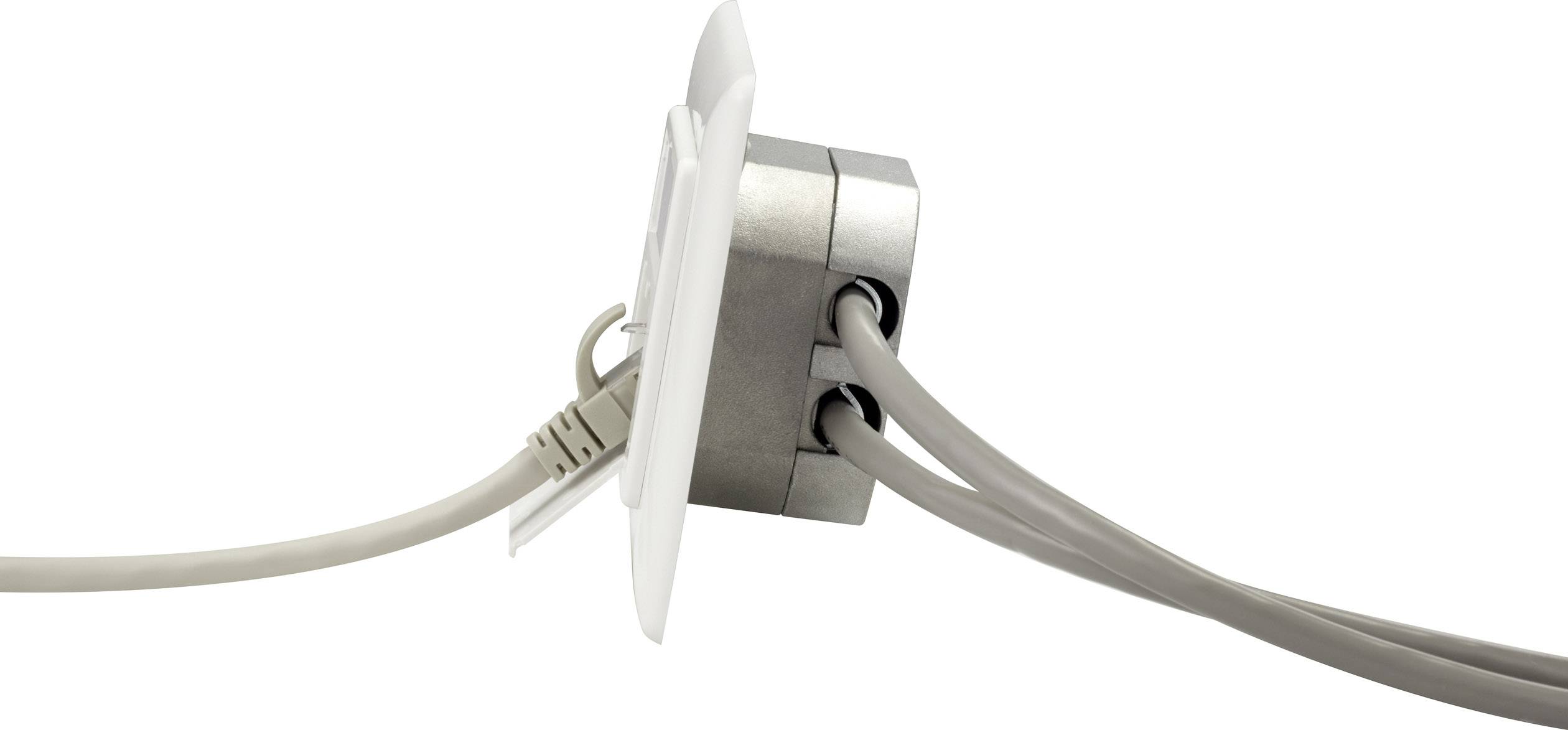 Ein weißer quadratischer Deckenlautsprecher mit silbernem Gehäuse und angeschlossenen Kabeln, seitliche Ansicht.