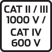 'CAT II/III 1000 V / CAT IV 600 V' Beschriftung auf schwarzem Hintergrund, zeigt elektrische Sicherheitskategorien und Spannungsniveaus an.