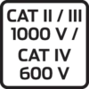 'CAT II/III 1000 V / CAT IV 600 V' Beschriftung auf schwarzem Hintergrund, zeigt elektrische Sicherheitskategorien und Spannungsniveaus an.