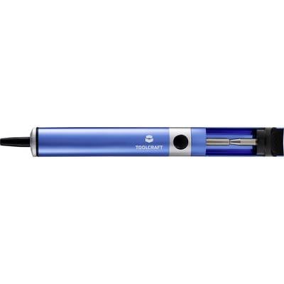Ein blauer elektrischer Lötkolben der Marke Toolcraft, mit schwarzem Griff und Silberakzent. Eignet sich für Lötarbeiten.