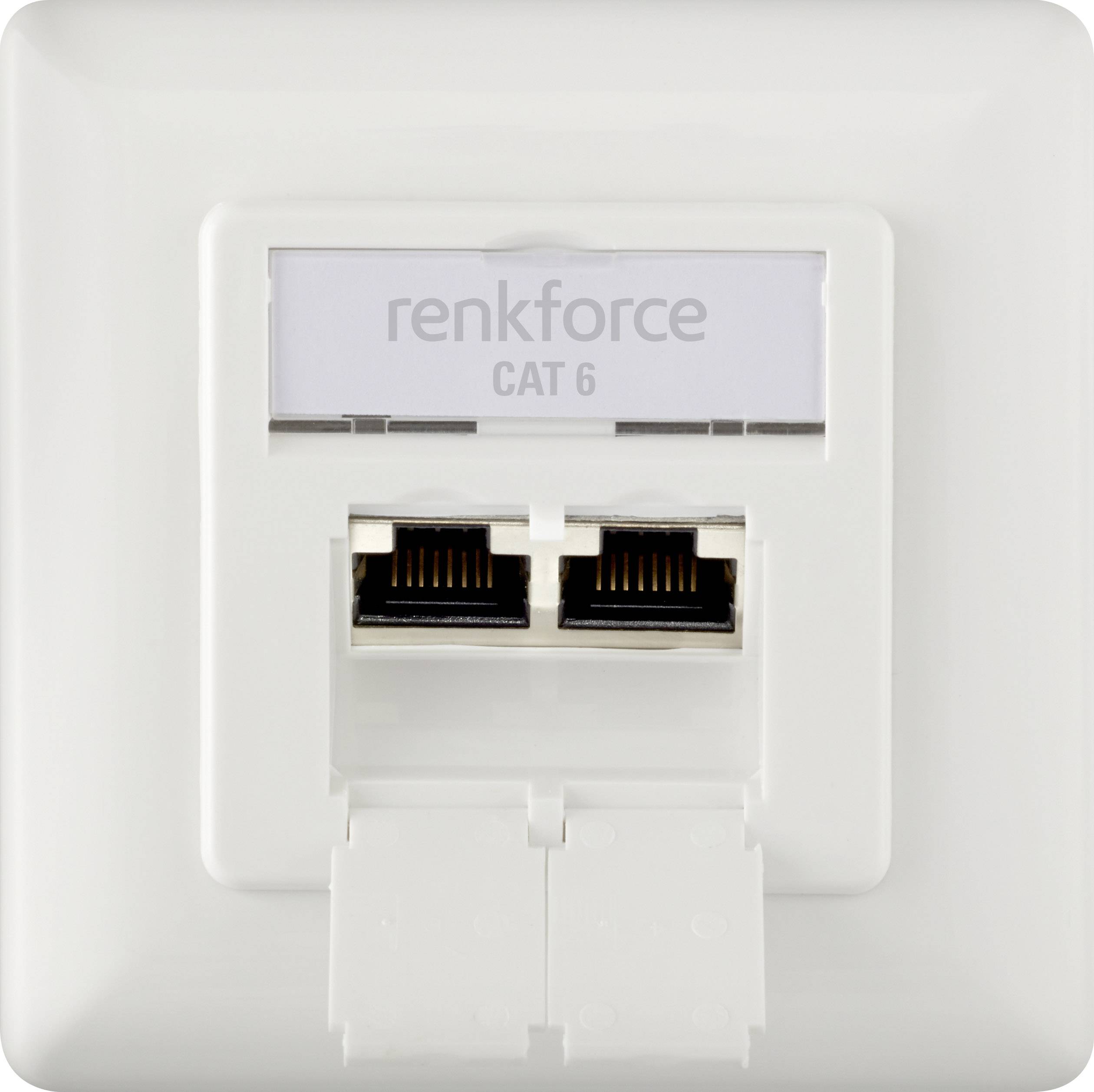 Weiße CAT 6 Ethernet-Doppelbuchse von Renkforce zur Wandmontage, geeignet für Netzwerkverbindungen.
