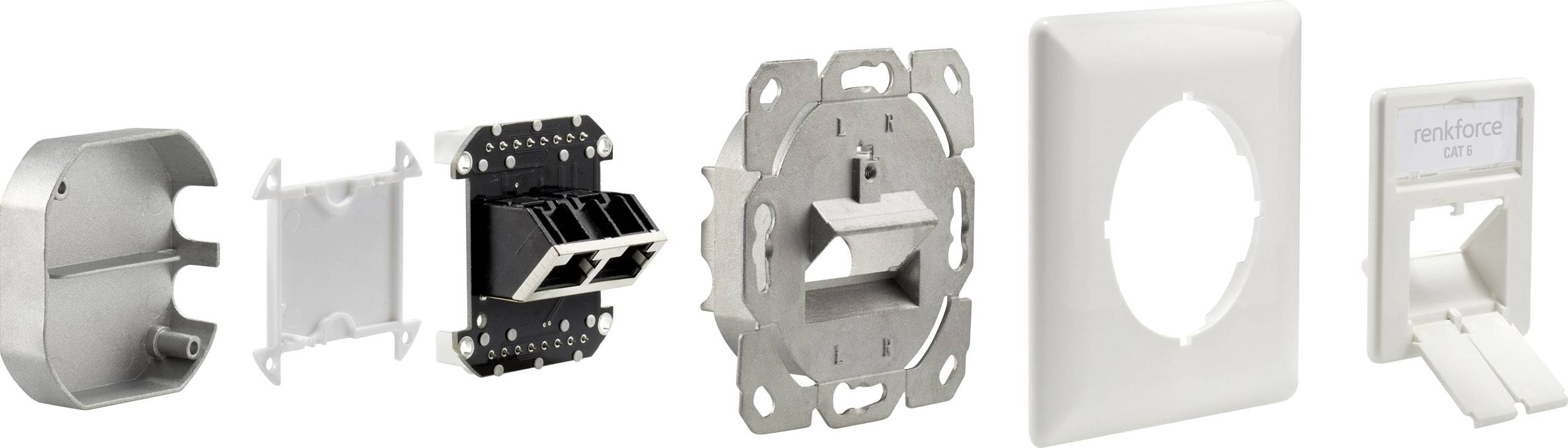 Explodierte Ansicht eines Netzwerkanschlusses mit Metall- und Kunststoffteilen, einschließlich einer Wandplatte und einem Modul für Kabelanschluss.
