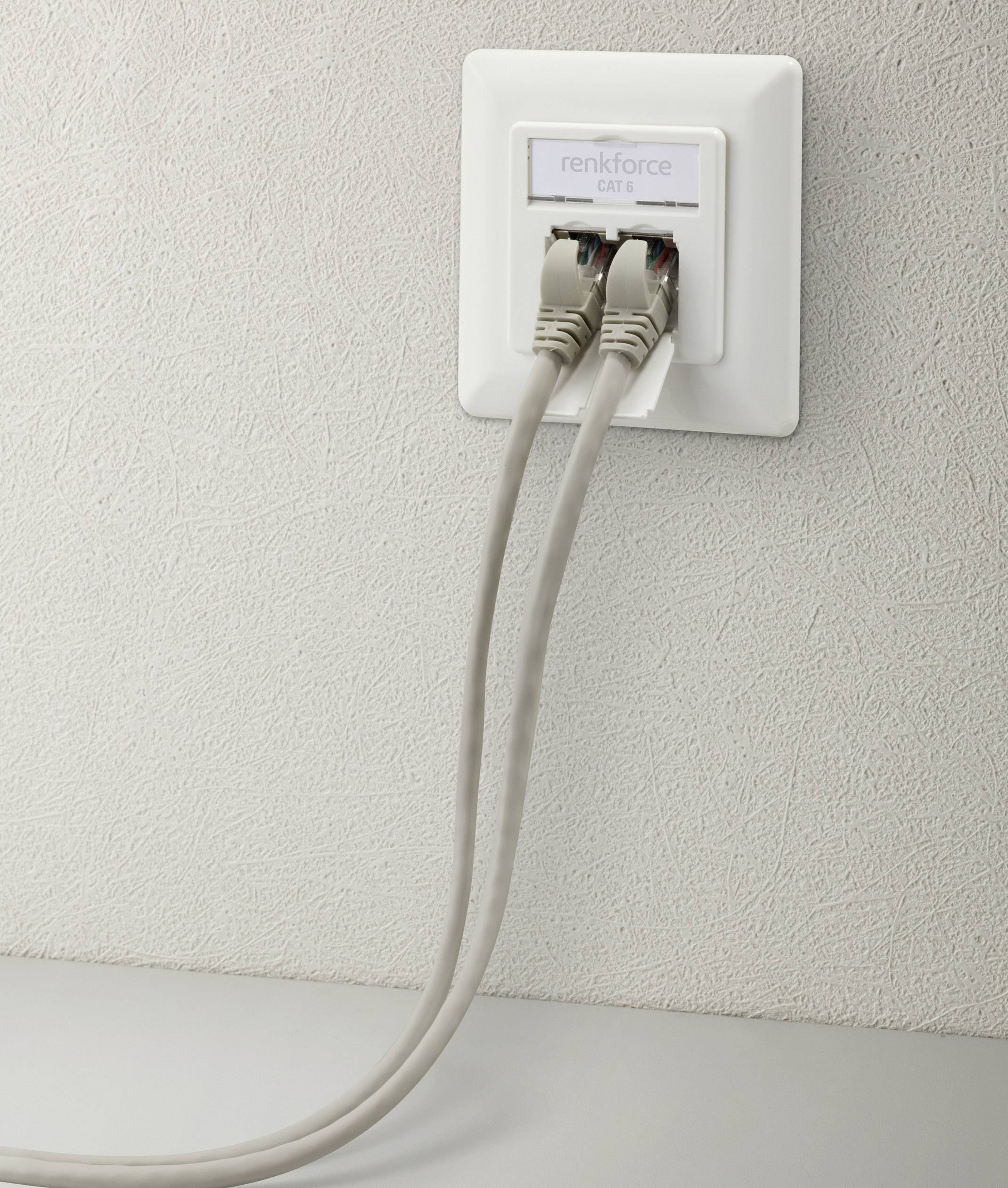 Zwei Ethernet-Kabel sind in eine CAT5-Netzwerkbuchse an einer Wand eingesteckt.