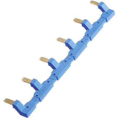 Blauer Verteilerschienenverbinder mit fünf Kupferstäben, verwendet in elektrischen Installationen zur Verbindung von Modulargeräten.