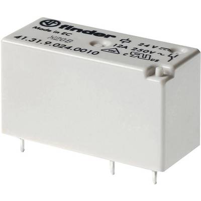 'Finder' Relais, 24V DC-Spule, 12A/250V AC-Schaltleistung, Modell 41.31.9.024.0010. Rechteckig, weiße Kapsel, vier Pins.