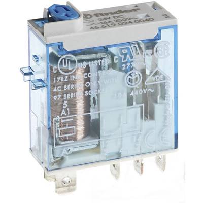 Bild eines durchsichtigen Elektromagnet-Relais mit bläulichem Gehäuse, Kupferspule und mehreren Anschlüssen.