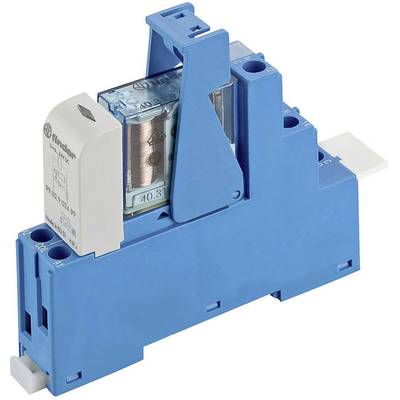 Ein blaues Relais-Modul mit elektrischen Kontakten und einer transparenten Abdeckung, verwendet zur elektrischen Steuerung in Schaltschränken.