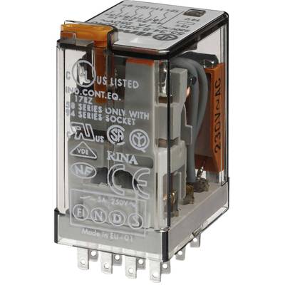 Kleines Relaisgehäuse mit mehreren technischen Zertifikationskennzeichnungen, darunter '230V AC', 'CE', 'UL' und andere.