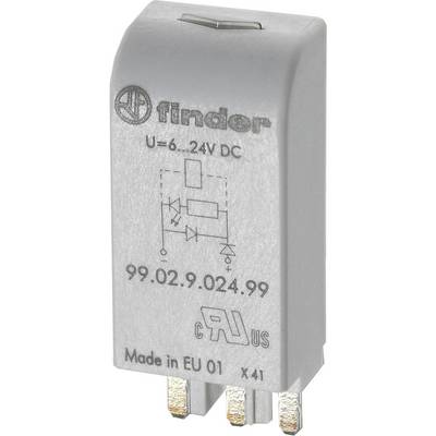 Graues Relais von Finder, Modellnummer 99.02.9.024.99, Spannungsbereich 6-24V DC, hergestellt in der EU, mit UL-Zulassung.