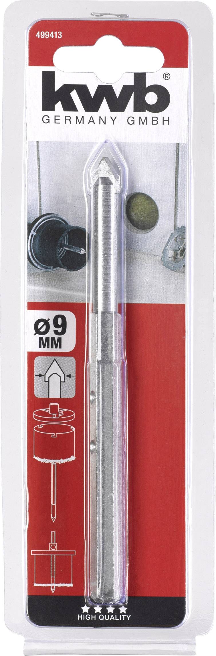 Verpackung eines Betonbohrers mit 9 mm Durchmesser von 'kwb Germany GmbH'. Darstellung des Bohrers und Anwendung im Hintergrund.