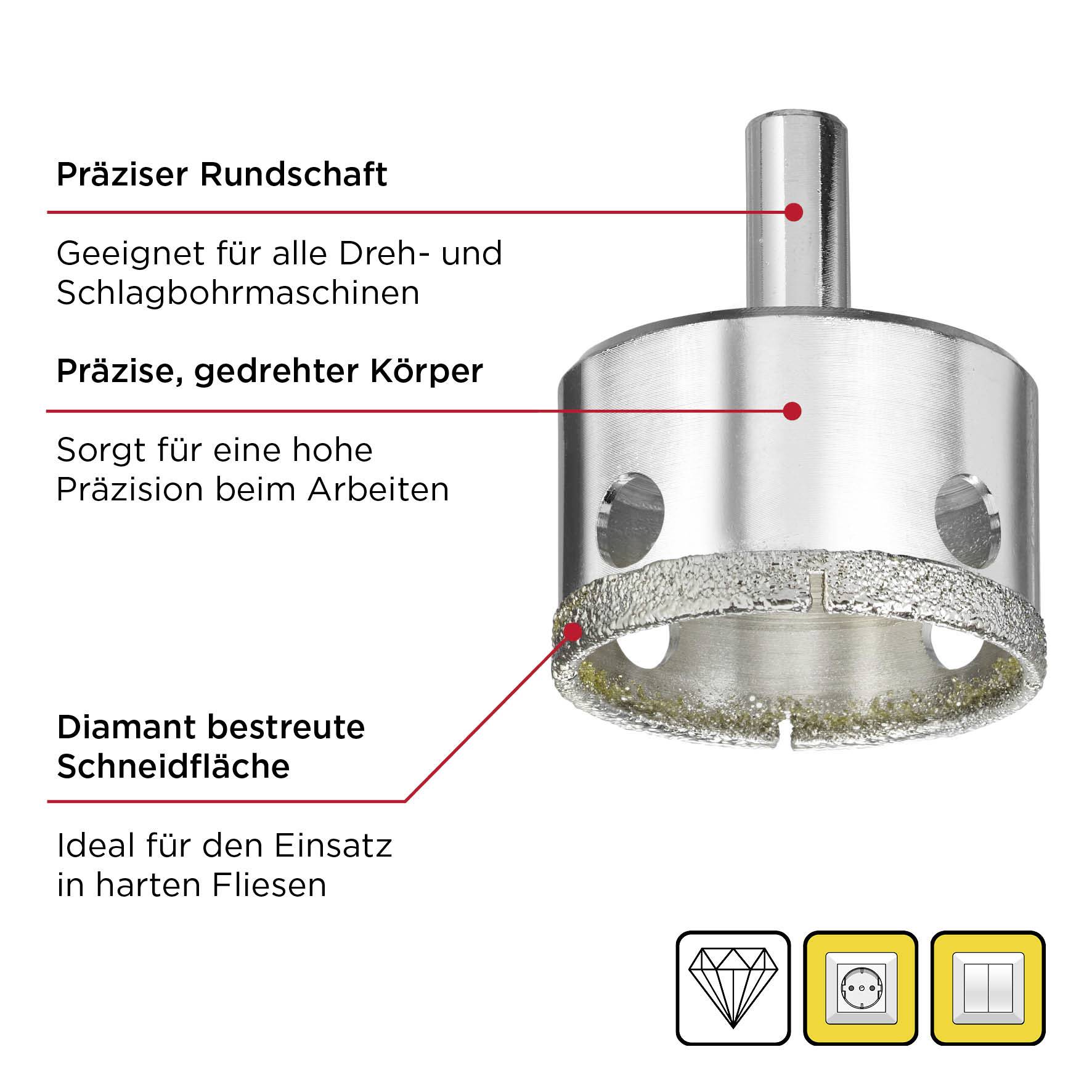 'Präziser Rundschaft' und 'damant bestreute Schneidfläche' eines Bohrers, ideal für harte Fliesen, mit Hinweisen zur genauen Anwendung.