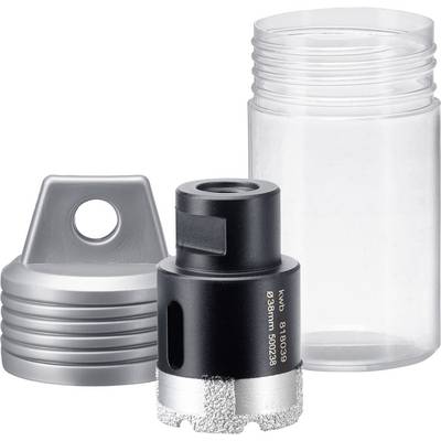 Eine diamantbeschichtete Bohrkrone mit Schutzkappe und Aufbewahrungsdose. Ideal zum Bohren in harte Materialien wie Fliesen.