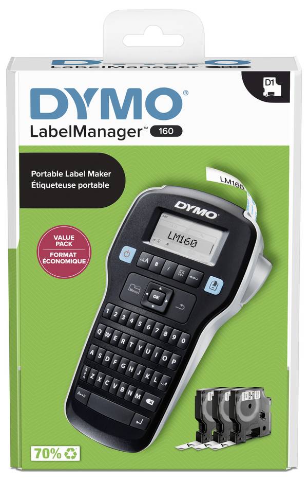 DYMO LabelManager 160 Value Pack QWERTY Beschriftungsgerät Geeignet für Schriftband: D1 6 mm, 9 mm, 12 mm